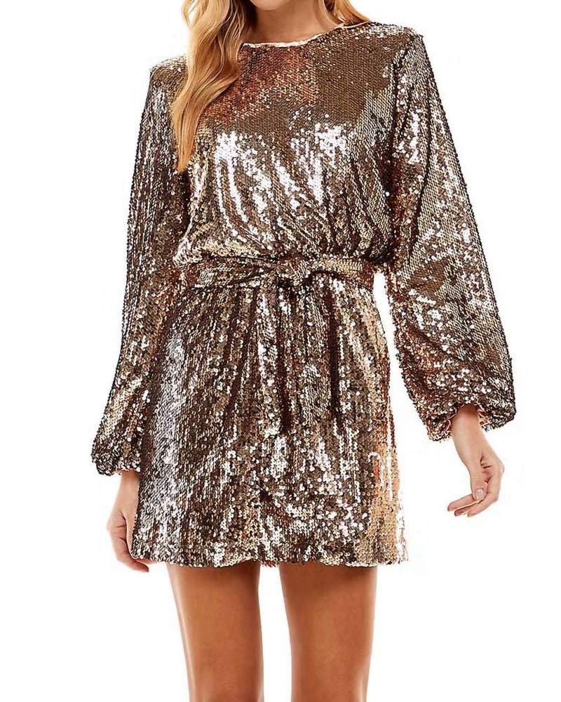 Front of a model wearing a size Large Into The Night Sequin Belted Mini Dress In Copper in Copper by TCEC. | dia_product_style_image_id:342436